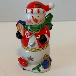 Greenbrier  Porcelain Snowman w/Birdhouse & Cardinal Hinged Trinket Box Holiday